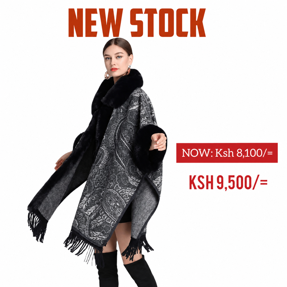 Black Paisley Faux-Fur Cape/Poncho
