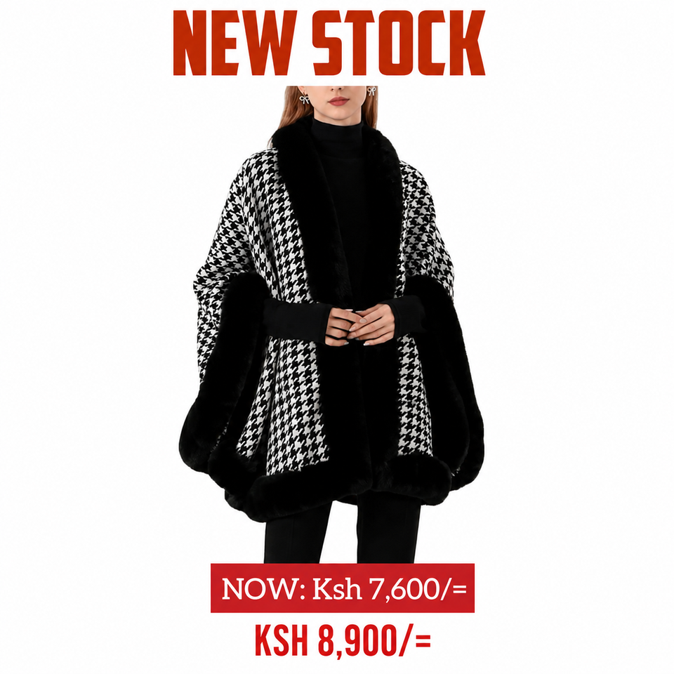 Houndstooth Fur Cape/Poncho