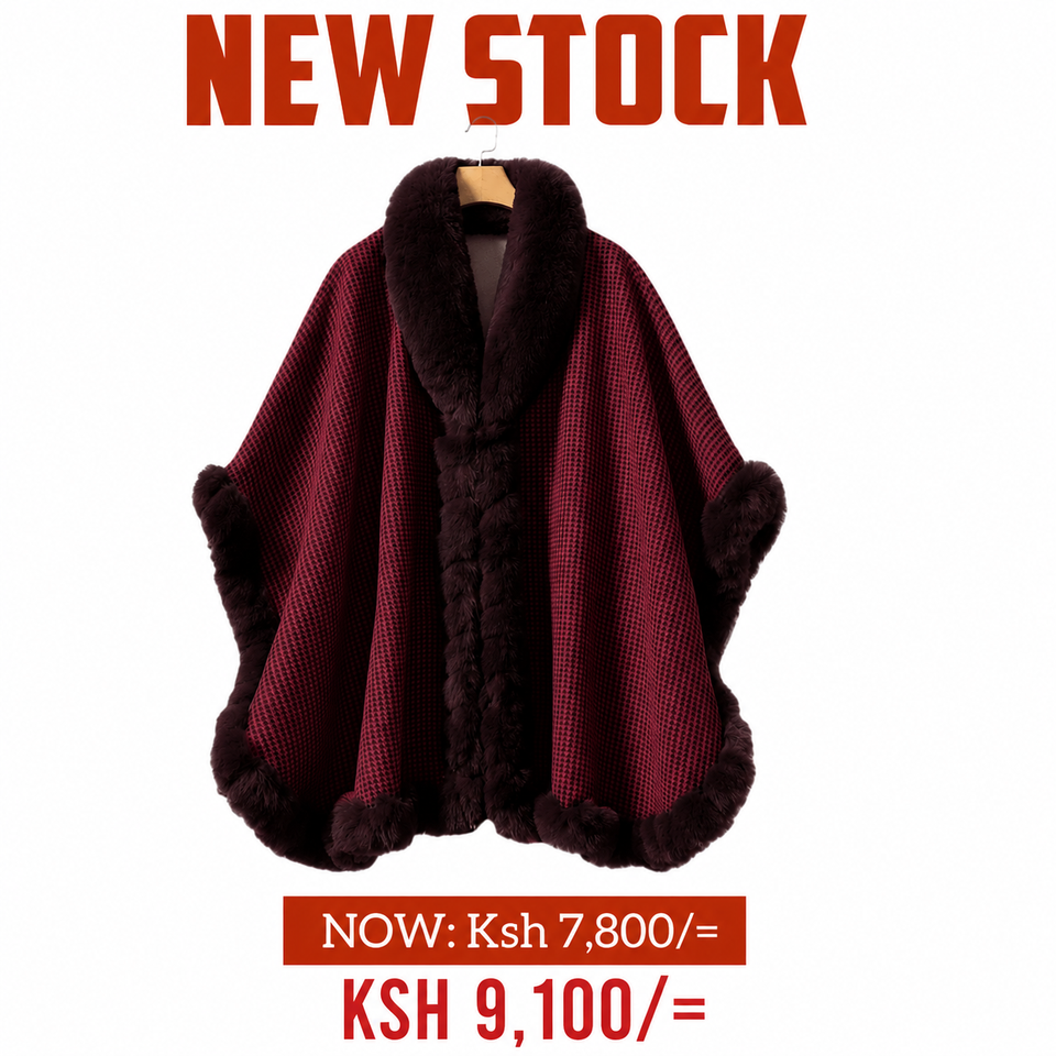 Maroon Houndstooth Fur Cape/Poncho